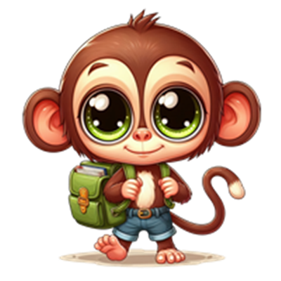 En farverig og nuttet abe med store øjne, iført shorts og en rygsæk.