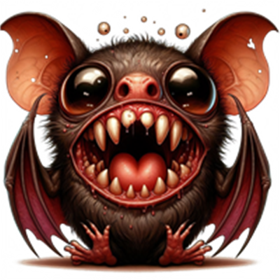 En fantasifuld flagermus med store øjne og et bredt smil, der viser sine skarpe tænder.