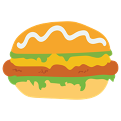 En illustreret burger med salat, ost, pølse og sauce på en gylden bolle.