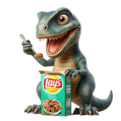 Et tegnet dinosaur, der spiser fra en pakke Lays snacks.