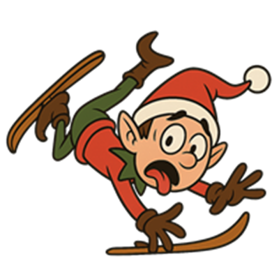 En sjov tegneseriefigur af en nisse, der falder på ski med et overrasket ansigt.