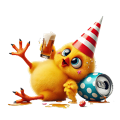 En glad, gul kylling iført festhat, der holder en øl og sidder ved en sodavandsdåse.