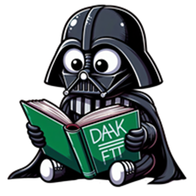 En tegneserieversion af Darth Vader, der sidder og læser en bog med titlen DAK FITT.