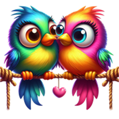 To farverige fugle sidder tæt sammen på en gren, med et hjerte imellem dem.