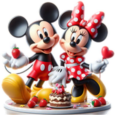 Mickey og Minnie Mouse fejrer en fødselsdag med kage og jordbær.