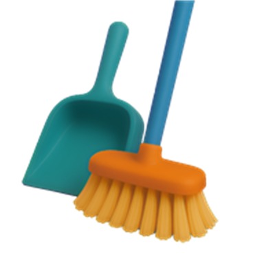 Et farverigt fejeblad og skovl til rengøring.