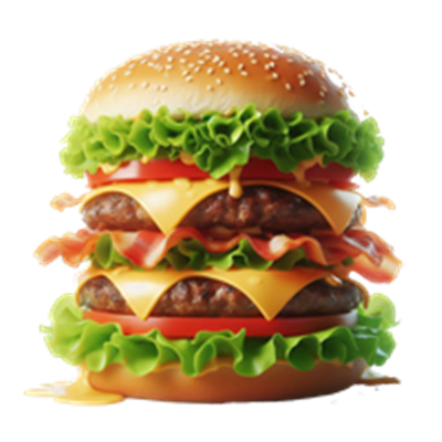 En saftig tre-lags burger med sesambrød, bacon, salat, tomat og smeltet ost.