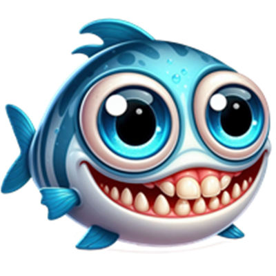 En farverig og venlig fisk med store øjne og et stort smil, designet i en tegneserieagtig stil.