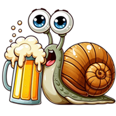 En tegneserieagtig snegl, der holder en ølkrus, med store, udtryksfulde øjne.