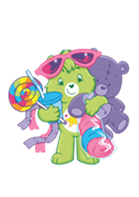 En farverig tegnet bamse iført solbriller, holder en slikkepind, en drink og en bamse.