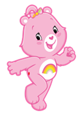 En glad, lyserød bamse med en regnbue på maven og en farverig sløjfe.