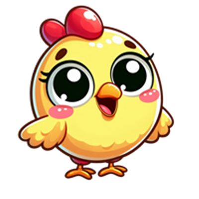 En farverig og glad tegnet kylling med store øjne og et venligt smil.