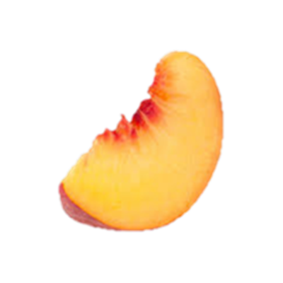 En skive af en moden fersken med en gylden-orange farve og en let rynket overflade.