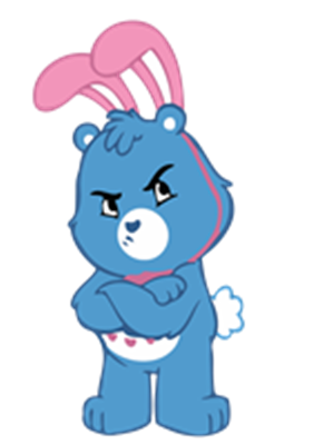 En blå bjørn med kaninører og et alvorligt udtryk, der står med armene over kors.