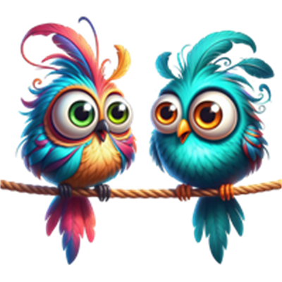 To farverige og nuttede fugle sidder på en snor med livlige fjer.