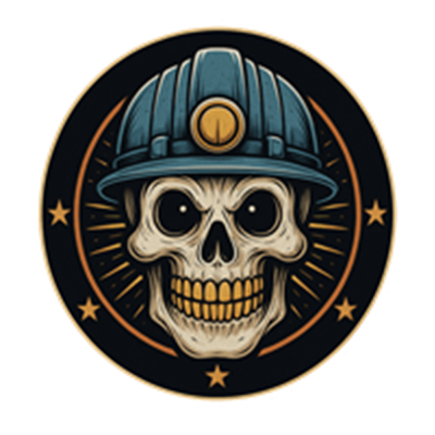 En stiliseret illustration af et kranium iført en minerhjelm, omgivet af stjerner.