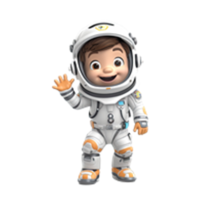 En glad lille dreng iført en rumdragt, der vinker med et smil.