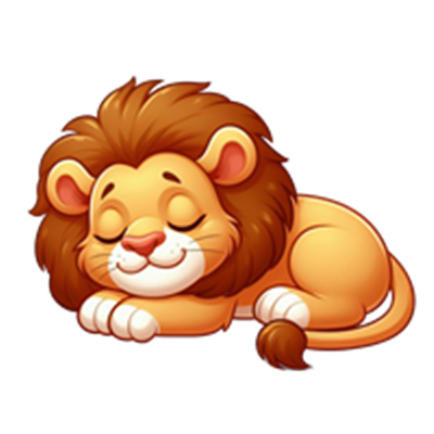 En sød, tegneserieagtig løve, der ligger og sover med lukkede øjne.