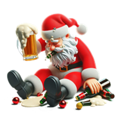 En humoristisk skildring af Julemanden, der sidder beruset med øl og flasker omkring sig.