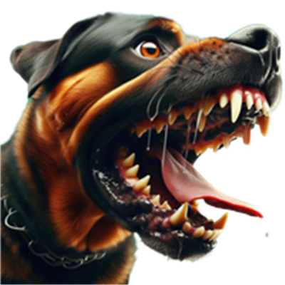 Et nærbillede af en Rottweiler med åben kæbe og synlige tænder.