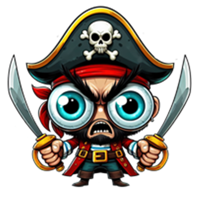 En farverig og cartoonish pirat med store øjne, iført en pirathat og med sværd i hånden.