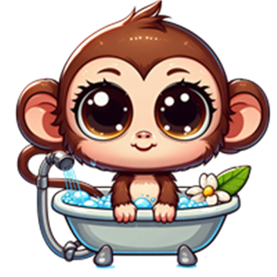 En charmerende, tegneserieagtig abe med store øjne sidder i et badekar fyldt med vand og blomster.