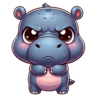 En nuttet flodhest med store øjne og en sur mine, der står med armene over kors.