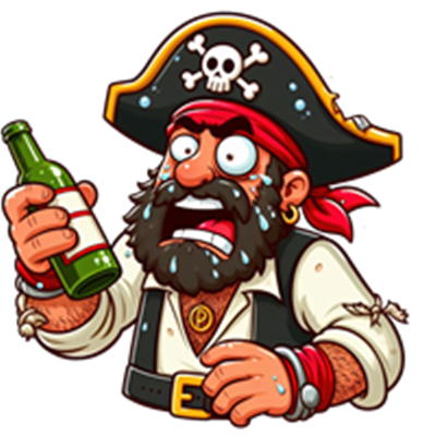 En tegneserie-pirat med skæg, bandana og en flaske, der ser forskrækket ud.