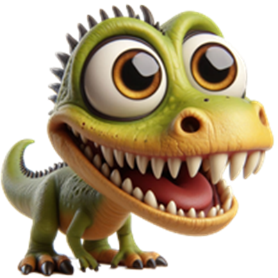 En farverig og venlig dinosaur med store øjne og et stort smil.