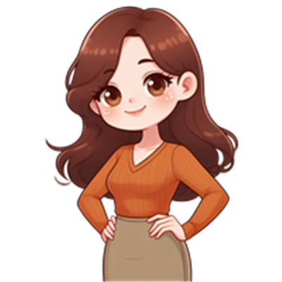 En tegneseriefigur med brunt hår, iført en orange bluse og en nederdel, der smiler.