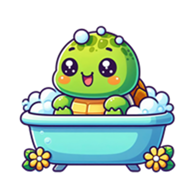 En sød, tegneserieagtig skildpadde sidder i et badekar fyldt med skum og blomster.