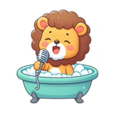 En sød, tegnet løve synger i et badekar fyldt med skum.