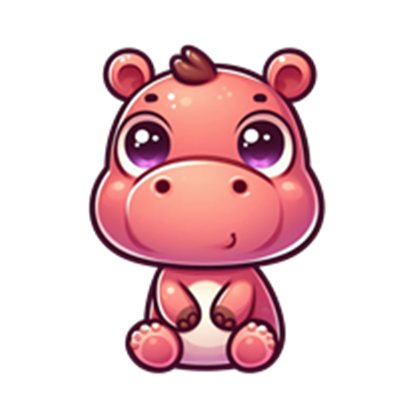 En farverig, tegneserieagtig flodhest med en nuttet udtryk, der sidder ned.