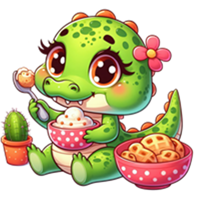 En farverig, tegneserieagtig dinosaur sidder og spiser is og småkager, omgivet af planter.