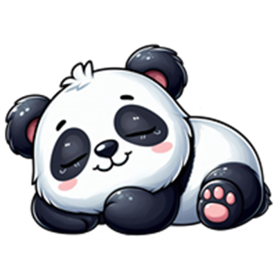 En sød, tegnet panda, der ligger og sover med lukkede øjne og et tilfreds udtryk.