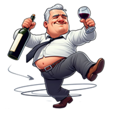 En glad, overvægtig mand danser med et glas vin og en flaske champagne, iført skjorte og slips.