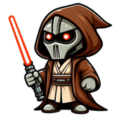 En sød, tegneserieagtig Jedi-figur iført en kappe, holder et lyssværd.