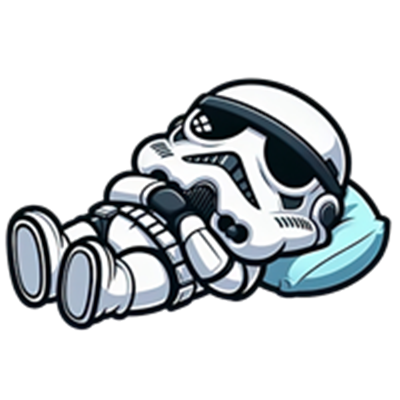 En tegneserieagtig stormtrooper, der ligger afslappet på en pude og sover.