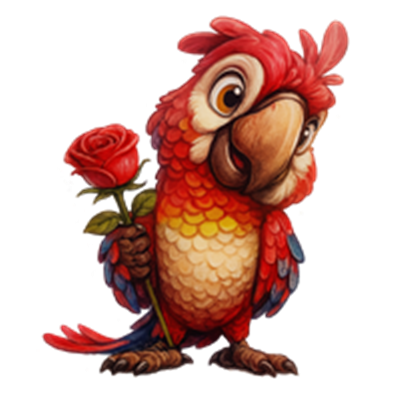 En sød, farverig papegøje med røde og blå fjer, der holder en rose.