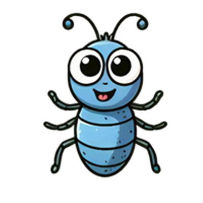 En sød, tegnet blå myre med store øjne og et smil, der ser glad ud.