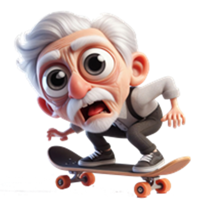 En tegneserieagtig bedstefar, der skateboarder med et overrasket udtryk.