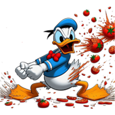Donald Duck kaster tomater med energi og entusiasme.