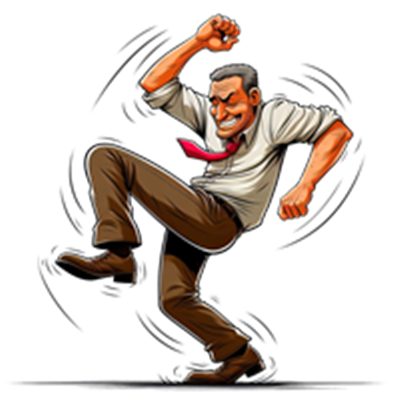 En karikeret mand danser energisk med et smil, iført skjorte og slips.