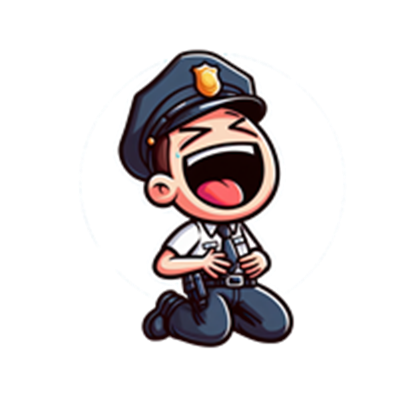 En tegneserieagtig politibetjent, der griner og knæler, hvilket skaber en humoristisk stemning.