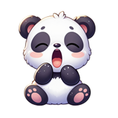 En tegnet panda med store øjne, der ser ud til at gabe og sidder sødt.