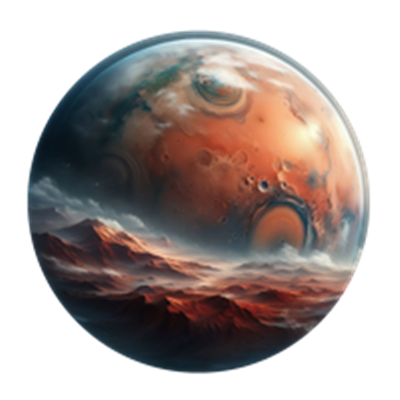 En kunstnerisk fremstilling af planeten Mars med detaljeret landskab og farver.