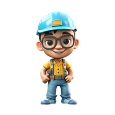 En tegneseriefigur af en ung bygningsarbejder med briller og blå hjelm.