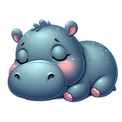 En sød, tegnet flodhest, der sover med lukkede øjne og en blød, rund form.