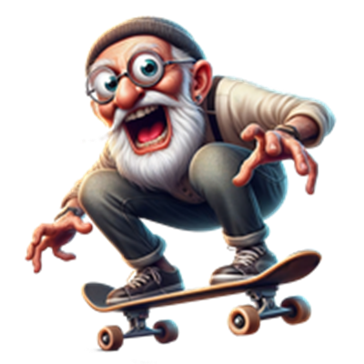 En sjov og energisk gammel mand, der skater på en skateboard med stor entusiasme.