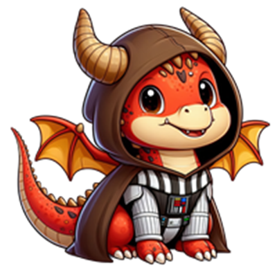 En sød drage iført en Jedi-kappe og kostume, med store øjne og farverige vinger.